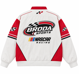 เสื้อแจ็คเก็ตแข่งรถ NASCAR วัสดุพรีเมียม โพลีเอสเตอร์/คอตตอน สีขาวแดง เสื้อแจ็คเก็ตมอเตอร์สปอร์ตสำหรับผู้ชาย ดีไซน์ใหม่หรือหลากหลายแบบ - Product Image 3