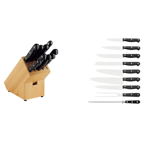 Ensemble de 9 couteaux de cuisine avec lames en acier inoxydable, manches rivetés noirs, bloc de rangement en bois et aiguiseur en acier - Product Image 1