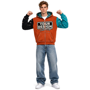 Sudadera con capucha y cremallera para hombre, de algodón, estilo urbano, informal, con bordado en bloques de color personalizados y efecto desgastado. - Product Image 4