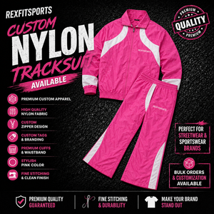 REXFIT SPORTS 2026 Custom <b>Pink</b> White Crinkle Nylon <b>Tracksuit</b> Set Full Zip Jacket and Wide Leg Pants Custom Streetwear Sportswear - Product Image 1