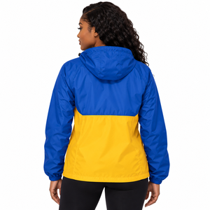 Veste Anorak Coupe-Vent Légère pour Femme Bleu Royal et Jaune, à Capuche, Demi-Zip, Color Block, avec Poche à Rabat Avant Longue - Product Image 2