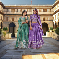 VISHNU K DESIGNS LAHENGA CHOLI DUPATTA VINTAGE POUR FÊTE EN SOIE CRÊPE PURE AVEC BRODERIE DE PAILLETTES LOURDES DE 7 MM, LONGUEUR PLIANTES, TAILLE REGULIÈRE