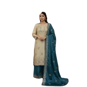 Presentamos la Nueva Colección de Diseñador Moderno GMY SILK, Conjunto Completo de Salwar Kameez con Bordado Pesado y Lentejuelas, Top, Pantalón y Dupatta - Product Image 1