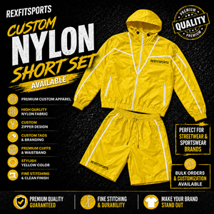 ชุดกีฬา REXFIT SPORTS 2026 สีเหลืองแบบกำหนดเอง ชุดเซ็ตเสื้อแจ็คเก็ตฮู้ดกันลมและกางเกงขาสั้นผ้าไนลอนสำหรับผู้ชาย ชุดกีฬาสองชิ้น พร้อมโลโก้แบบกำหนดเอง - Product Image 1