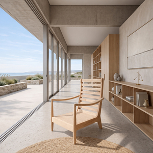 Fauteuil lounge moderne minimaliste en bois massif avec dossier à lattes et rembourrage en coton mousse, garantie 3 ans, pour salon et extérieur - Product Image 2