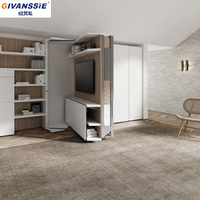 Lit mural convertible moderne en bois avec meuble TV intégré, étagère et armoire de rangement pliable pour optimiser l'espace, idéal pour les condos et les maisons.