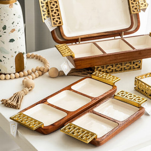 ถาดรองจานชามไม้สไตล์แฟนซี3ชิ้นถาดเสิร์ฟทำจากอลูมิเนียมงานแฮนด์เมด - Product Image 1