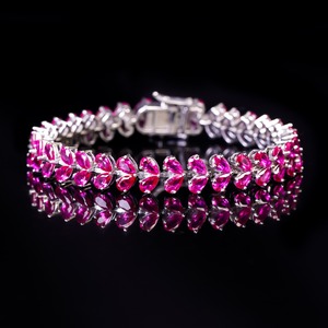 Beautiful Heart Cut Pink Sapphire Gemstone 925 <b>Silver</b> Plated Tennis <b>Charm</b> Bracelets Set For Women And Girls Wear On Occasions - Product Image 2