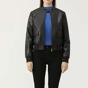 Blouson moto en cuir et peau lainée pour femme avec ceinture, col montant, chaud pour l'hiver, manches longues, style court - Product Image 5