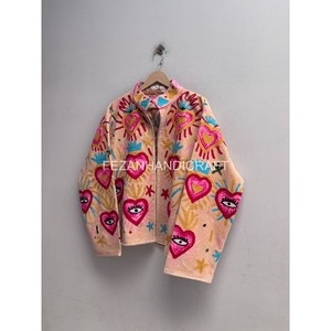 Women's Embroidered Fleece <b>Jacket</b> With Heart Eye <b>Pattern</b> Stand Collar Zipper Closure Autumn Wear - Product Image 4