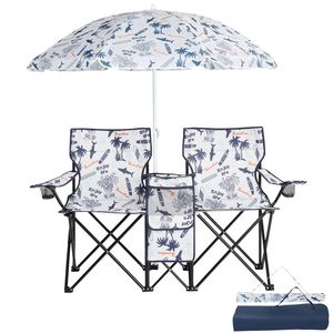 Sedia Pieghevole Portatile a 2 Posti con Ombrellone Rimovibile Design Albero di Cocco per Spiaggia Pesca Picnic Realizzata in Tessuto Oxford - Product Image 1