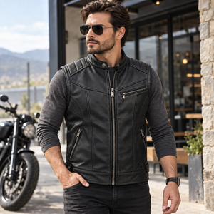 Men's Motorcycle & Biker Leather <b>Vests</b> | Grey Black Burgundy <b>Brown</b> Blue | OEM ODM Manufacturer | Premium Design Quality | - Product Image 6