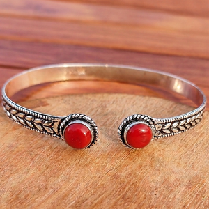 Boho Coral Duo Stone Open <b>Cuff</b> Bangle Artisan <b>Silver</b>/Gold Plated Unisex Statement <b>Bracelet</b> Wholesale Jewelry - Product Image 2