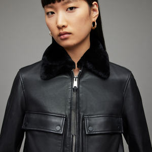 Blouson court en cuir véritable tendance pour l'hiver, chauffant, imperméable, à manches longues, pour femme, style motard, avec fermeture éclair - Product Image 4