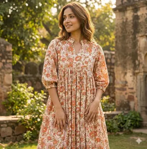 Robe maxi bohème pour femmes, imprimé floral orange, manches courtes, col en V, ample, décontractée, robe d'été pour la plage et les vacances - Product Image 2