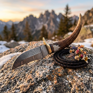 Couteau de chasse artisanal en acier Damas, manche en corne, avec étui en cuir - Product Image 4