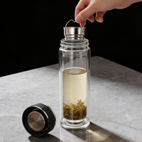 Mug à thé en verre à double paroi transparent de 300 ml avec logo personnalisé, infuseur à thé plaqué or sans BPA, filtre portable pour le bureau