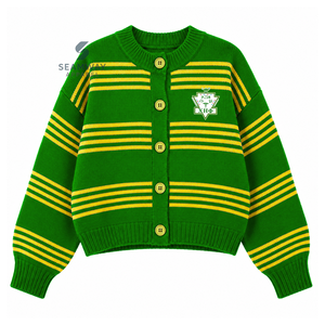 Cardigan en tricot rayé pour femmes de la sororité Chi Eta Phi, boutonné, manches longues, col rond, vert jaune, brodé, pull décontracté - Product Image 1