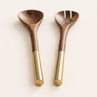 Juego de Utensilios para Ensalada de Madera de Acacia Ecológica Hechos a Mano de Lujo, con Asas de Latón Dorado, Cuchara y Tenedor Modernos para Servir, Uso Doméstico y Hotelero