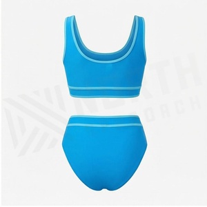 Ensemble bikini 2 pièces bleu uni pour femme avec bordure contrastée, bas taille haute et haut à col rond - Product Image 2