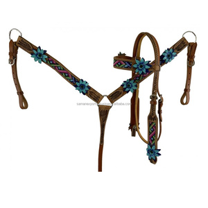 100% cuero genuino occidental azteca con cuentas Headstall & Breast Collar Set con acentos de flores en 3D fabricante al por mayor proveedor - Product Image 3