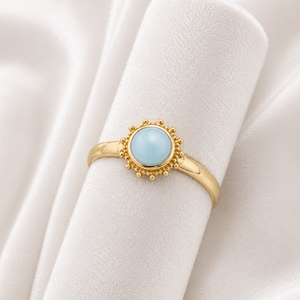 Natural Larimar Ring Gold Tone Beaded Halo Brass Minimal Elegant Handmade Designer Jewelry Delicate Statement Classic MOKU - Product Image 4