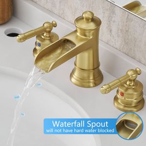 Rubinetto per lavabo bagno da 8 pollici in nichel oro con 3 fori e doppia leva, scarico a scomparsa incluso - Product Image 3