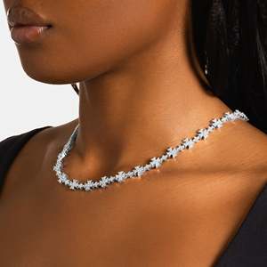 UrbanVrit Women's 925 <b>Silver</b> Rhodium Plated Zircon Star <b>Choker</b> Necklace Luxury Party Jewelry Brilliant Cut Prong Setting Chain - Product Image 1