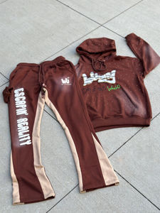 Ensemble de jogging vintage écologique personnalisé, sweat à capuche zippé et pantalon de survêtement évasé à jambe droite, effet délavé, deux pièces - Product Image 3