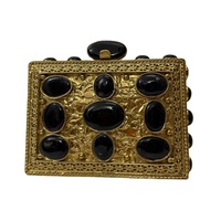Pochette de soirée de luxe pour femme en onyx noir, incrustation de pierres naturelles polies, cadre doré, chaînes décoratives, style décontracté et tendance