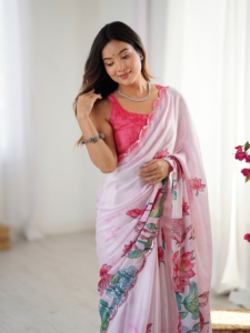 Sari de Seda Chinnon Premium, Sari de Diseño para Mujer, Ropa Étnica, Sari con Estampado Floral, Sari de Chinnon con Blusa sin Coser - Product Image 5