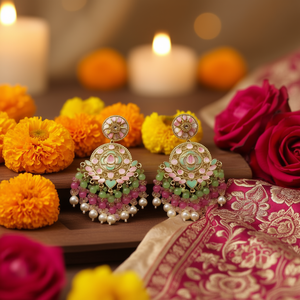 <b>Gold</b> Plated Kundan Stone and Beads Meenakari <b>Dangle</b> <b>Earrings</b> with Maangtikka Fine Jewelry Product - Product Image 3