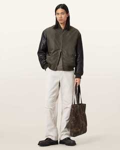 Blouson bomber vert foncé pour homme avec manches en cuir, fermeture éclair, col montant, vêtement décontracté pour l'automne - Product Image 3