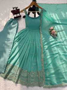 Élégant ensemble Anarkali vert menthe en faux georgette avec broderie et sequins, pantalon et dupatta en dentelle, idéal pour les fêtes et mariages, séchage rapide, infroissable - Product Image 4