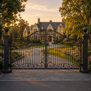 Luxury Wrought Iron Driveway <b>Gate</b> <b>Arched</b> Scroll Metal Entrance <b>Gate</b> Villa Mansion Outdoor Security Design with Gold Accent - Product Image 1