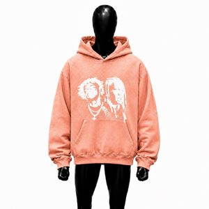 Sweat à capuche oversize imprimé pêche, style streetwear vintage, avec motif portrait blanc, en molleton de coton épais, pour l'automne - Product Image 1