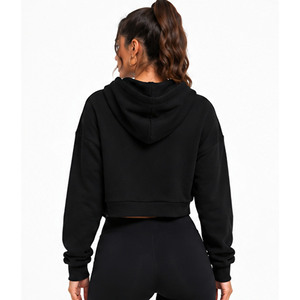 Sweat-shirt à capuche court pour femme, couleur unie, manches longues, décontracté, pour l'automne, respirant, en tricot de coton et élasthanne, manches complètes - Product Image 5