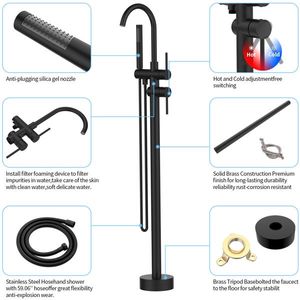Rubinetto doccia a pavimento nero opaco ad alta portata con finitura spazzolata, miscelatore per vasca da bagno, soffione doccia autoportante - Product Image 2