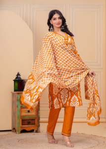 Mustard Printed <b>Kurta</b> Pant Dupatta Set for <b>Women</b> | Ethnic Wear Straight V- Neck Kurti with Designer Dupatta - Product Image 4