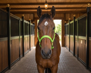 Lime Zest Australian Saddle Style Nylon Rope Horse <b>Halter</b> with Gold Buckles and Rings for Stable Use - Product Image 6
