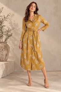 Robe chemise à manches longues pour femmes, imprimé floral, col rabattu, robe midi avec ceinture - Product Image 4