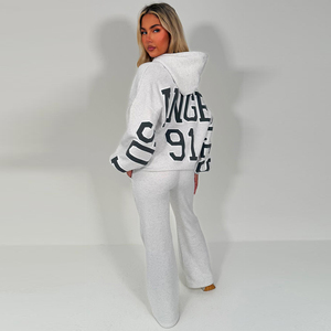Conjunto de 2 piezas para mujer, sudadera con capucha de forro polar gris con estampado de Los Ángeles 91, chándal informal de corte holgado, pantalones deportivos largos y top - Product Image 2