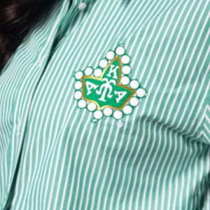 Camisa de Mujer a Rayas Verde Menta y Blanco, Personalizada, Bordada, con Botones, Diseño de Escudo, Manga Larga, Cuello Camisero, Estilo Casual - Product Image 4