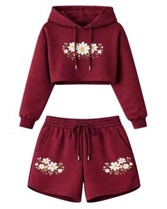 Women <b>Burgundy</b> Crop <b>Hoodie</b> Shorts Set Floral Embroidery Casual Two Piece Outfit Cotton Fleece Lounge Wear Wholesale Manufacturer - Product Image 1
