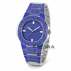 Montre pour homme en acier inoxydable avec diamant bleu moissanite, montre-bracelet à quartz analogique unisexe - Product Image 3
