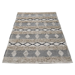 Tapis marocain berbère tissé à la main - Crème beige noir à poils ras texturé motif losanges en coton pour décoration de salon - Product Image 2