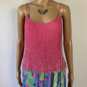 FQC Top court pour femme, style Baby Tee, à col rond, avec franges et strass, pour sortir - Product Image 1