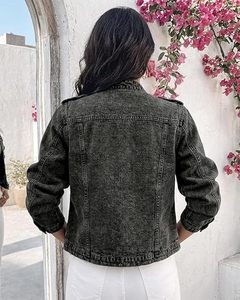 CHICME Denim <b>Jacket</b> for <b>Women</b> Double Breasted Button up Stand Collar Washed Casual Long Sleeve <b>Lightweight</b> Fall Coat - Product Image 2