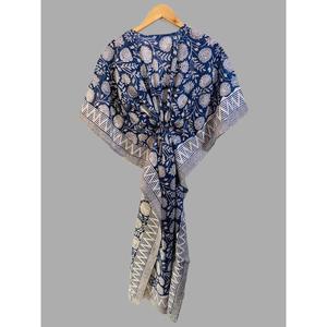 Elegante Vestido Largo Kaftán de Algodón con Estampado Floral Azul para Mujer, Estilo Bohemio, con Cintura Ajustable, Ideal para la Playa - Product Image 1