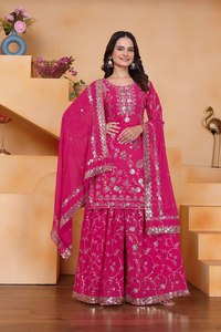 Conjunto Sharara de Lujo para Mujer con Bordado de Georgette Fox, Kurta Completamente Cosida y Dupatta con Bordado Intenso - Product Image 1